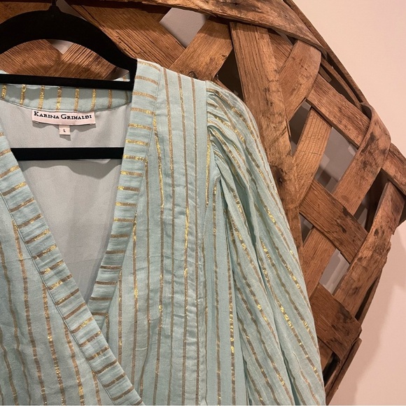 Karina Grimaldi Light Blue & Gold Metallic Stripe Cotton Mini Dress Size Large - Picture 2 of 12